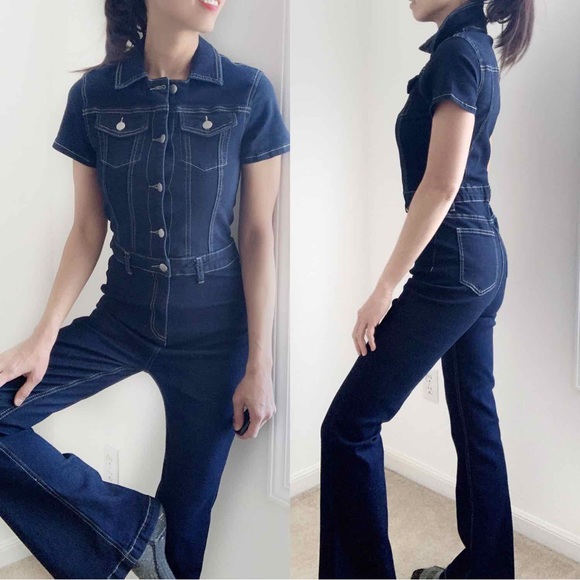 DENIM COLLAR BUTTON JUMPSUIT - DARK DENIM - Picture 5 of 5